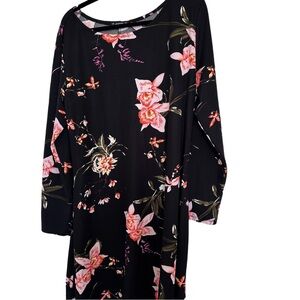 SHEIN Black Long Sleeve Floral Midi Dress with Pink Blooms